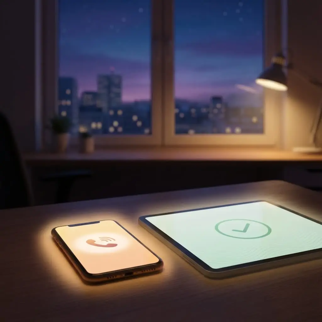 Smartphone and tablet on a desk at night displaying call and confirmation icons, representing 24/7 digital reception, automated communication, and always-on client support.