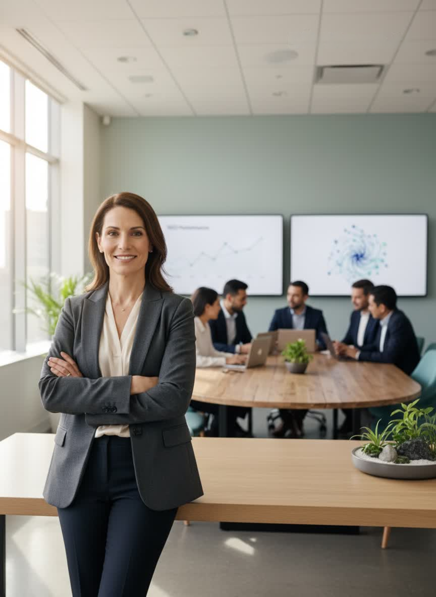 A confident business leader standing in a modern office with a professional team collaborating at a conference table in the background.