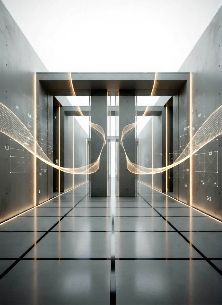 A minimalist concrete corridor illuminated by soft linear light and flowing digital energy lines, representing clarity, precision, and intelligent system design.