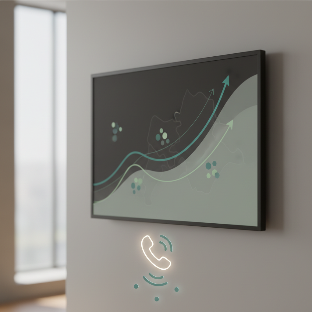 A modern wall display showing upward-trending analytics graphs with a phone support icon below, symbolizing data-driven growth and responsive business support.