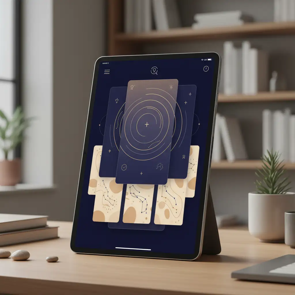 A tablet displaying a modern digital tarot and astrology interface on a calm workspace, representing automated horoscope and Tarot content delivered seamlessly online.