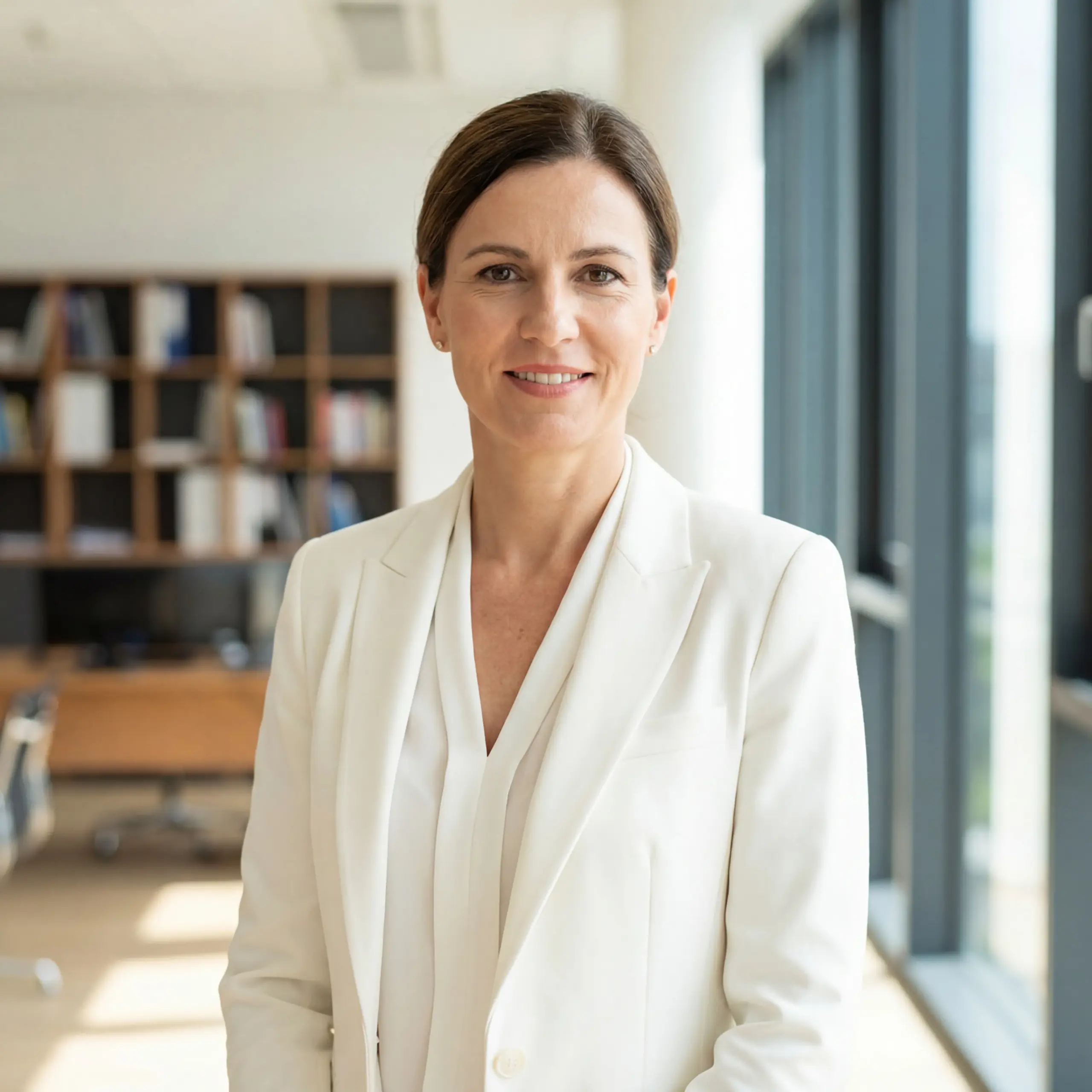 A professional executive in a white blazer standing in a modern office, representing leadership, confidence, and expertise.