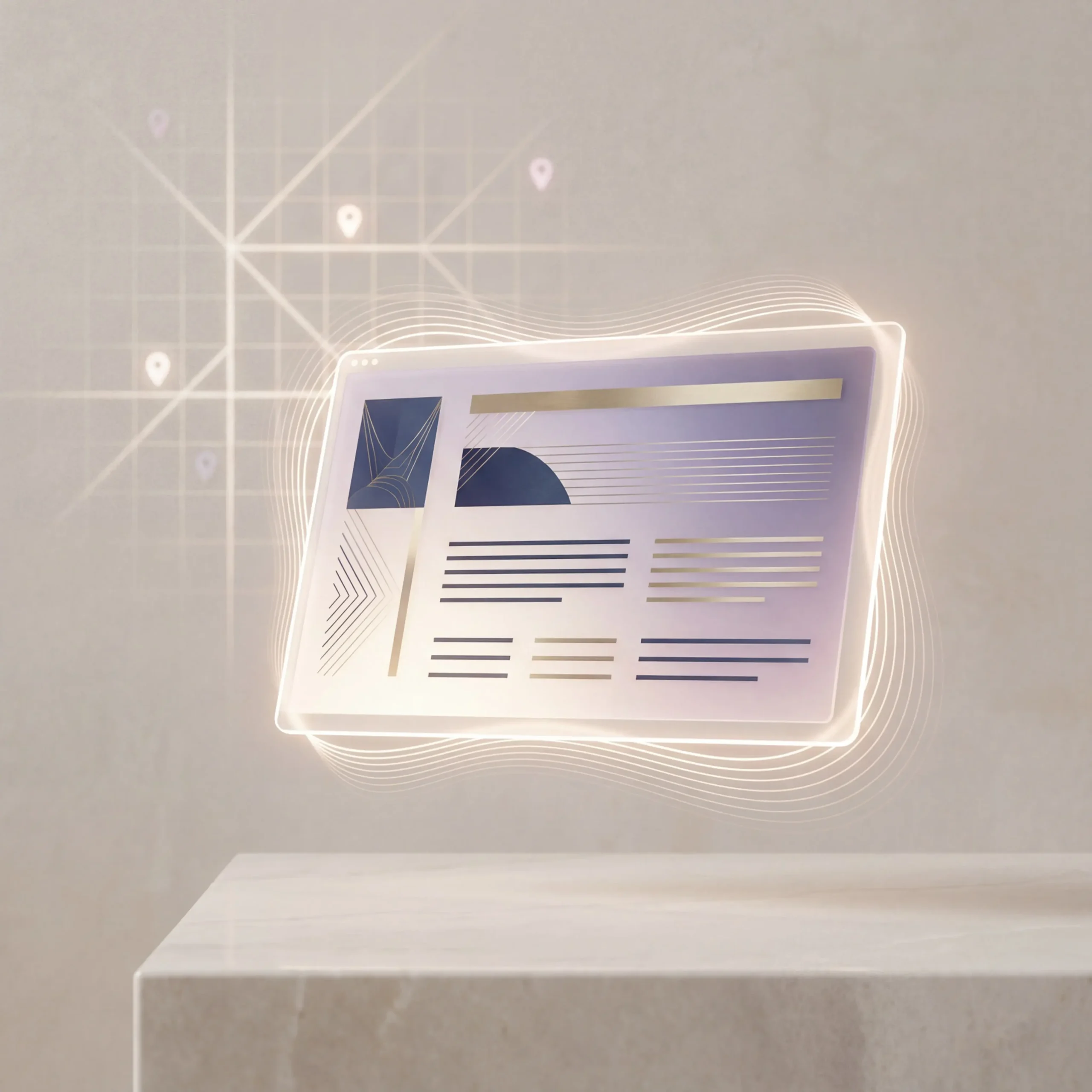 Abstract glowing website interface floating above a surface, representing modern web design, digital platforms, and online systems with a minimalist futuristic style.