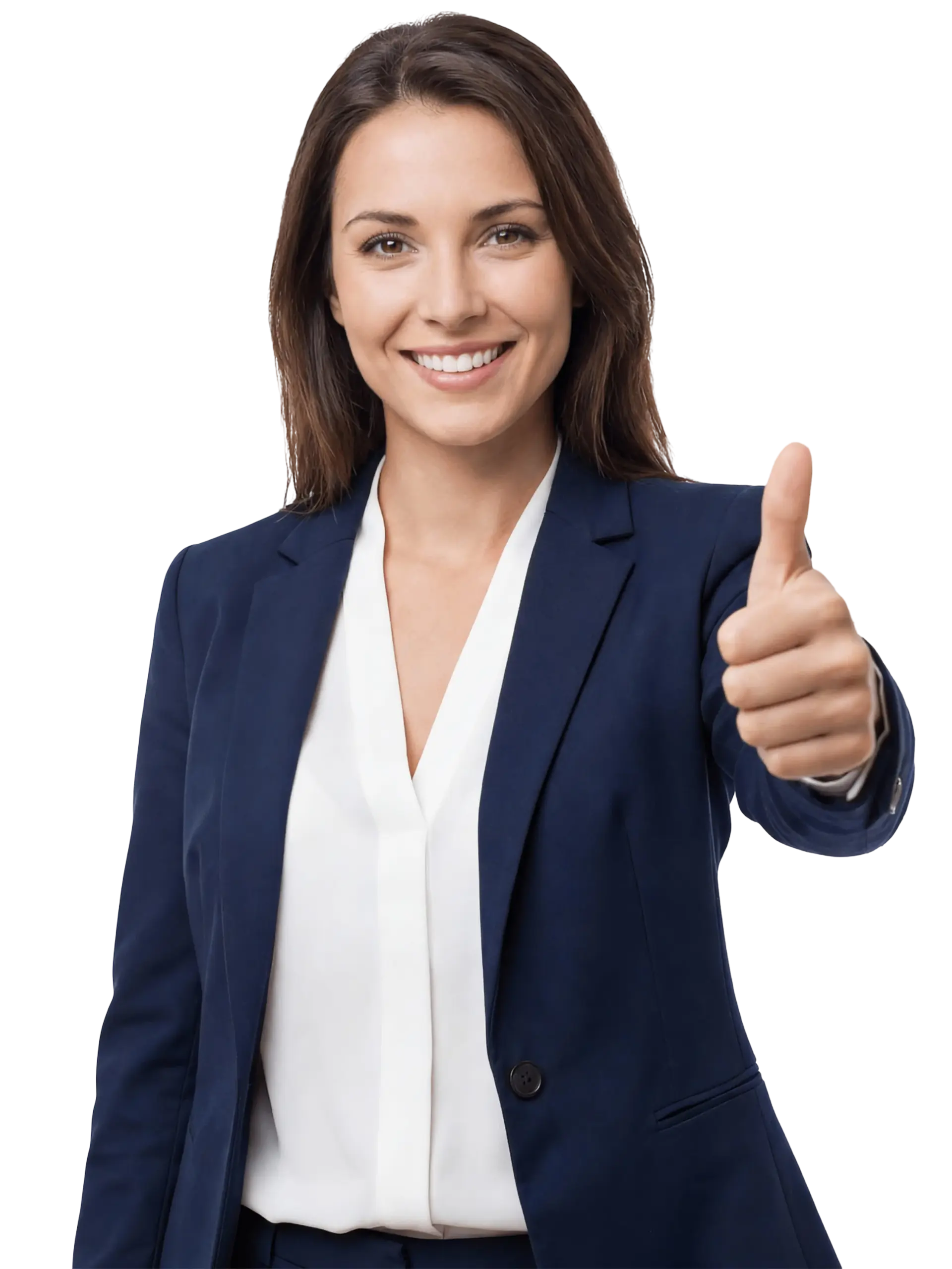 A smiling professional woman giving a thumbs-up gesture, symbolizing positive feedback, trust, and customer satisfaction.