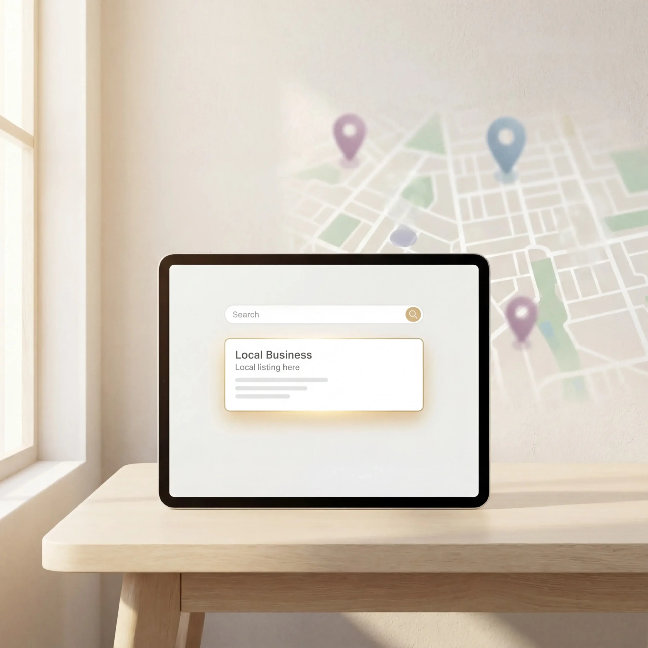 Tablet on a desk displaying a local business search listing with map location pins in the background, representing local SEO, online visibility, and business discovery.
