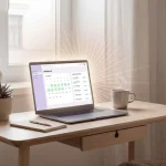 Laptop on a wooden desk in a bright minimalist home office displaying an online booking and scheduling dashboard, with a coffee mug, notebook, and plant nearby.