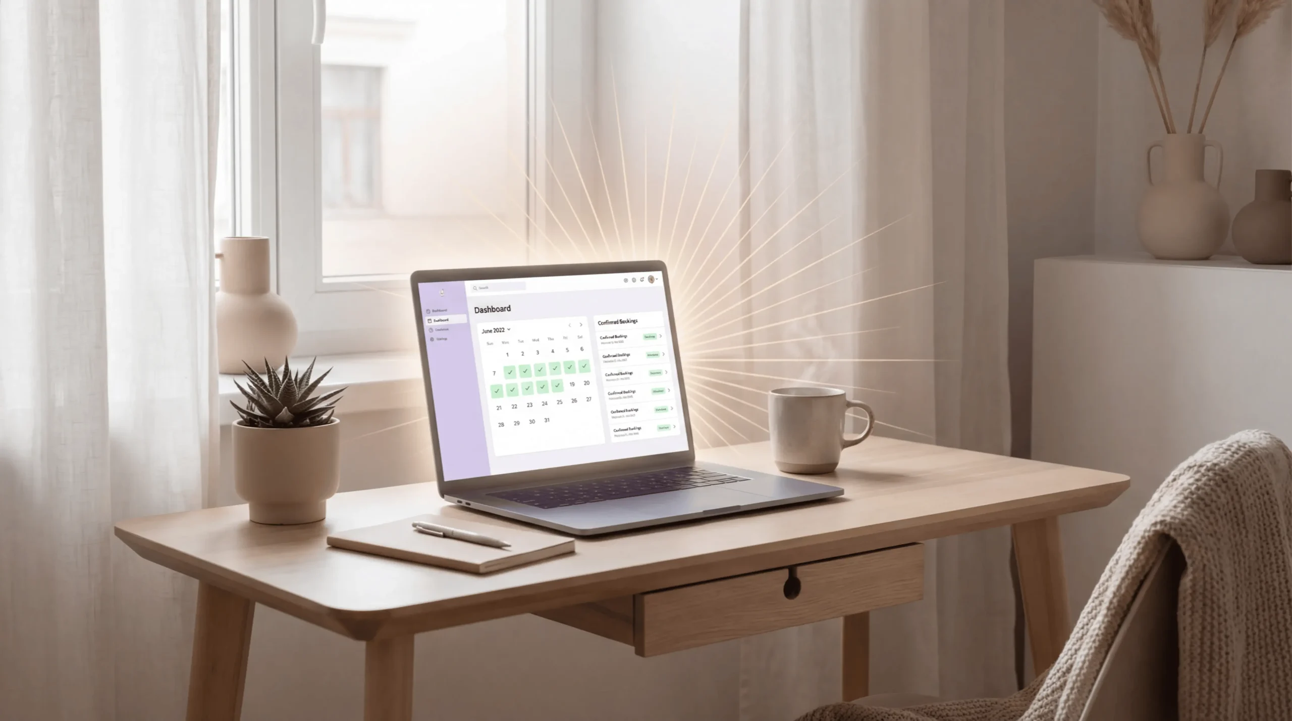 Laptop on a wooden desk in a bright minimalist home office displaying an online booking and scheduling dashboard, with a coffee mug, notebook, and plant nearby.