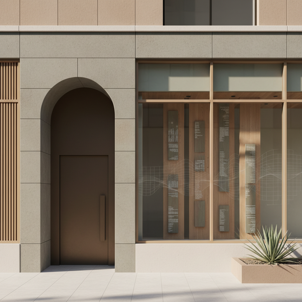 A minimalist modern building facade featuring an arched doorway, large glass windows, and warm wood accents, conveying clarity, balance, and contemporary design.