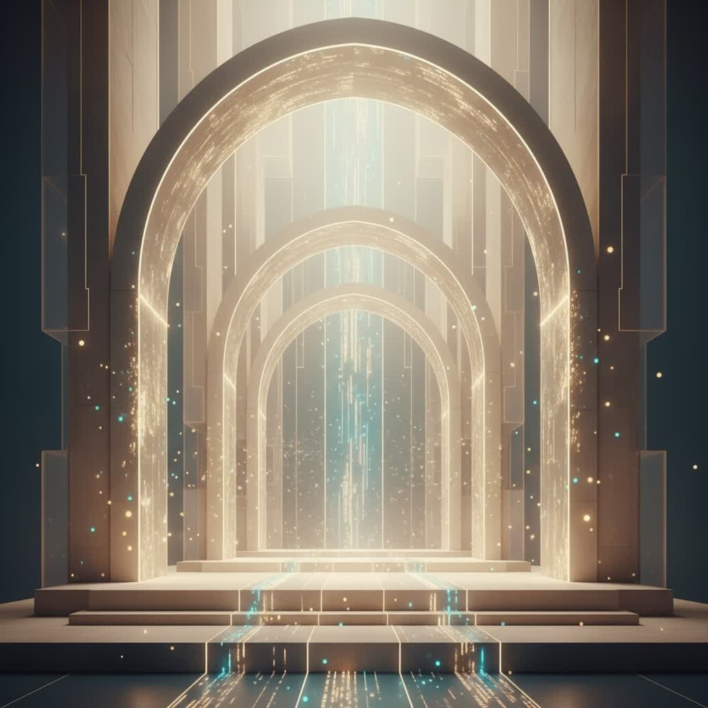 A glowing futuristic archway with layered portals of light, blending spiritual energy and digital architecture in a calm, minimalist space.