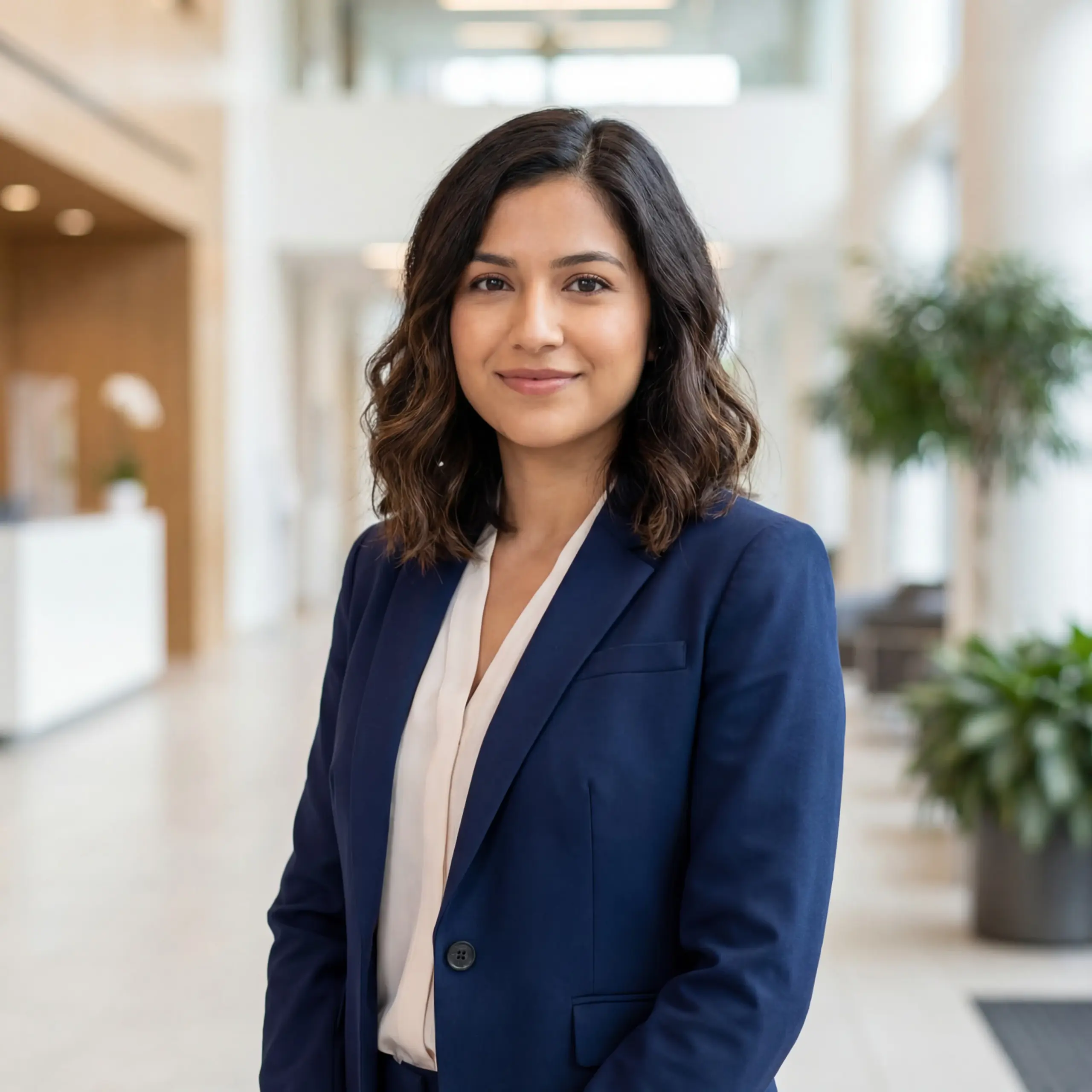 A confident professional woman in a modern office setting, representing leadership, expertise, and approachable support.
