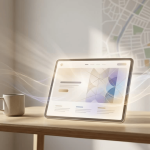 A glowing pre-ranked website displayed on a tablet in a calm workspace, symbolizing a rent-first digital strategy that helps intuitive practitioners attract local clients.