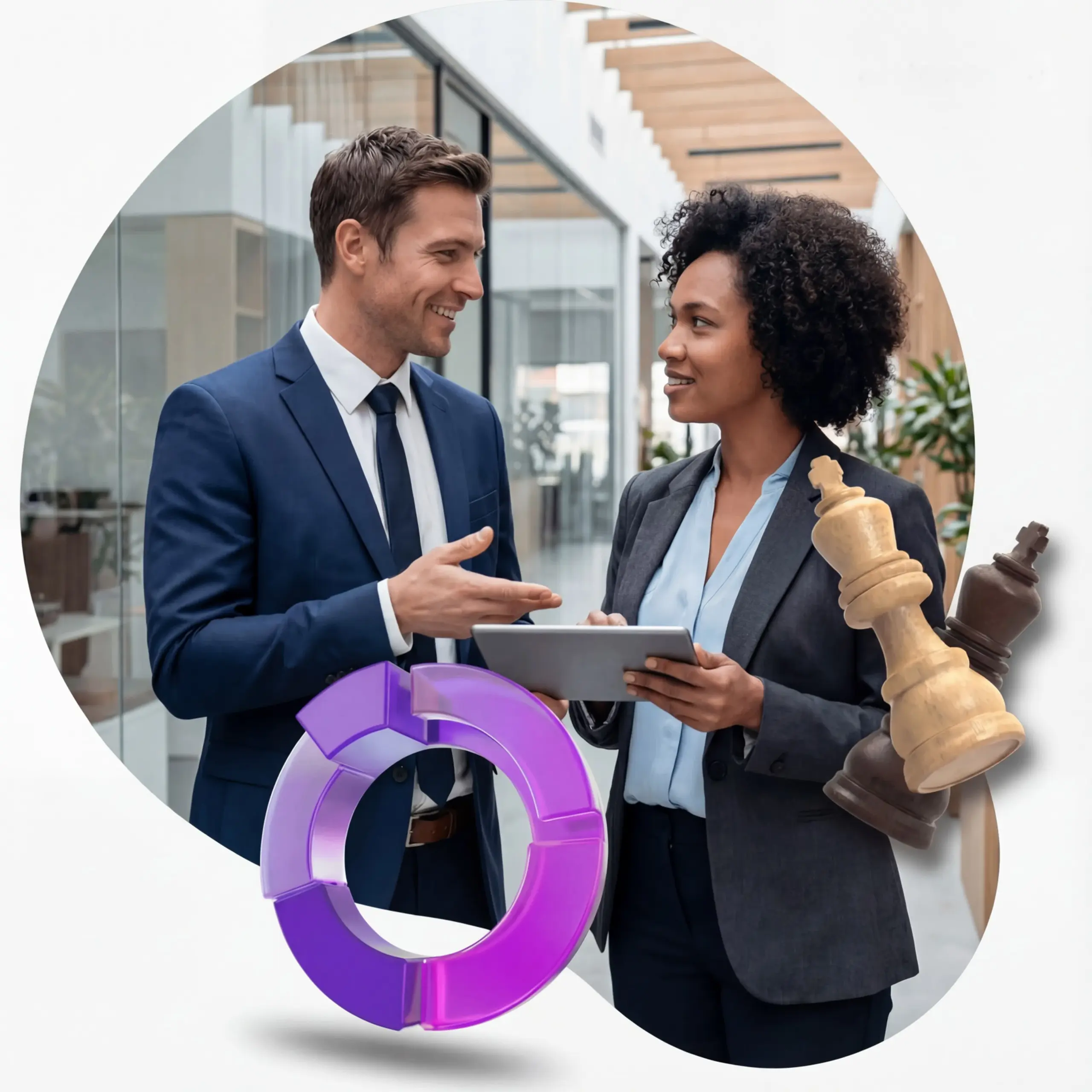 Two professionals discussing strategy in a modern office while reviewing data on a tablet, representing collaboration, planning, and business growth.
