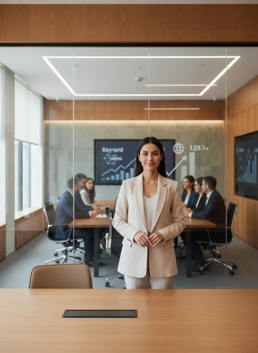 A professional business leader standing in a modern boardroom with a team meeting behind her, reviewing growth charts and performance data.