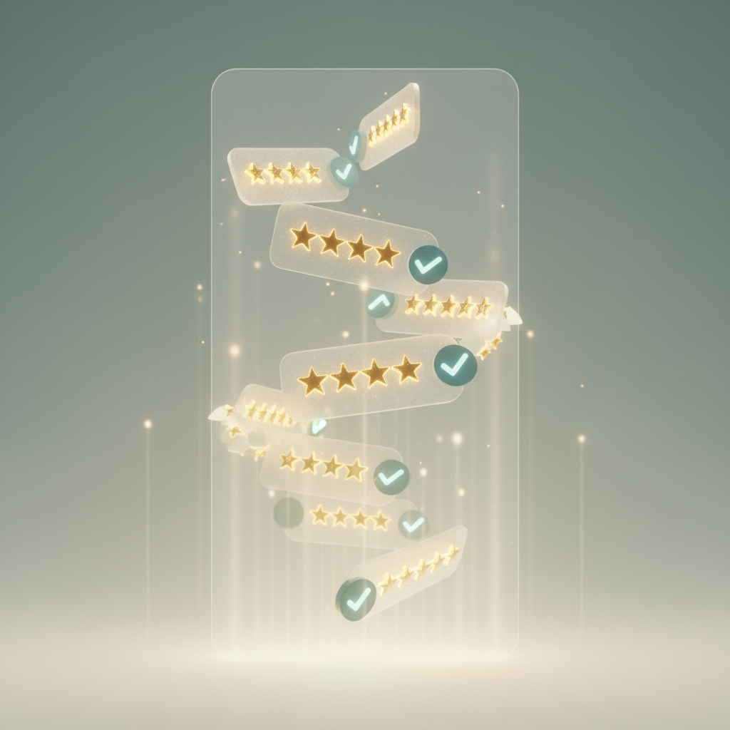 Floating five-star review cards with checkmarks, symbolizing verified feedback, customer satisfaction, and trusted service quality.